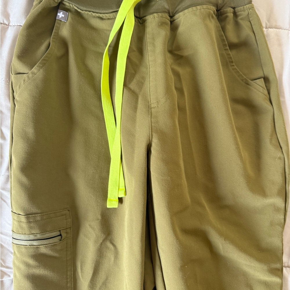 Olive Green scrub pants with Neon Yellow Drawstring